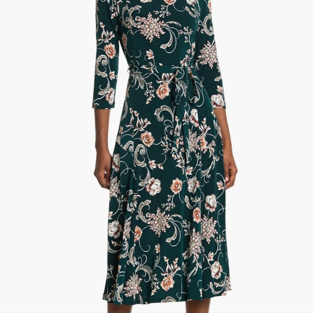 Nina Leonard Floral Scoop Neck Midi Dress Long Sleeve Teal Texure